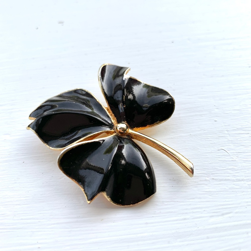 Vintage Torino black enamel golden leaf brooch pin signed - Picture 10 of 16